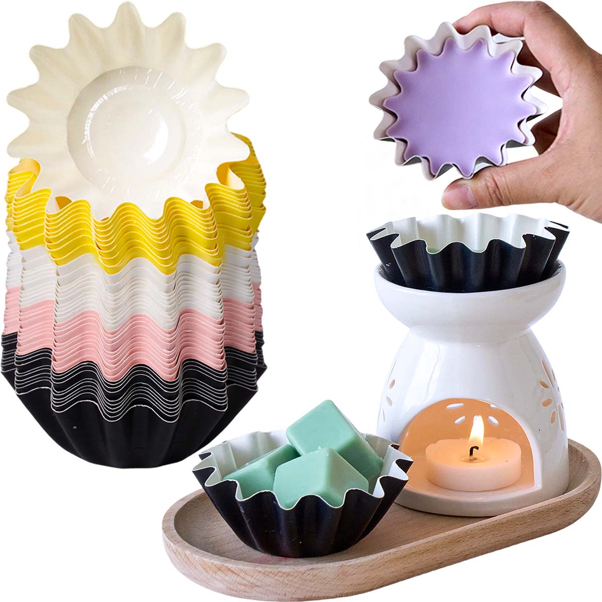 Home Fragrance Edg - 10個入り ウェーブエッジ ワックスコーティングペーパートレイ 再利用可能 ノンスティック ワックスウォーマーカップ